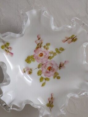Fenton Silver Crest Handpainted Crimped Ruffled Milk Glass Bowl